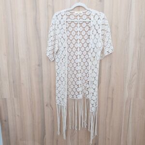 Rebellion Crochet Fringe Kimono Cardigan Size XS Cream Boho Festival Coastal